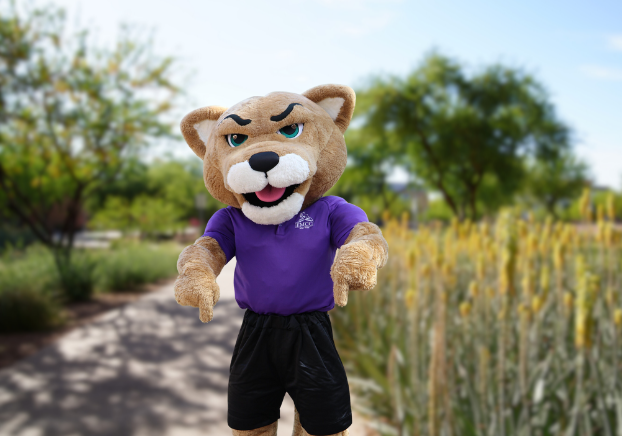 Mascot Roary the Mountain Lion outside of our campus
