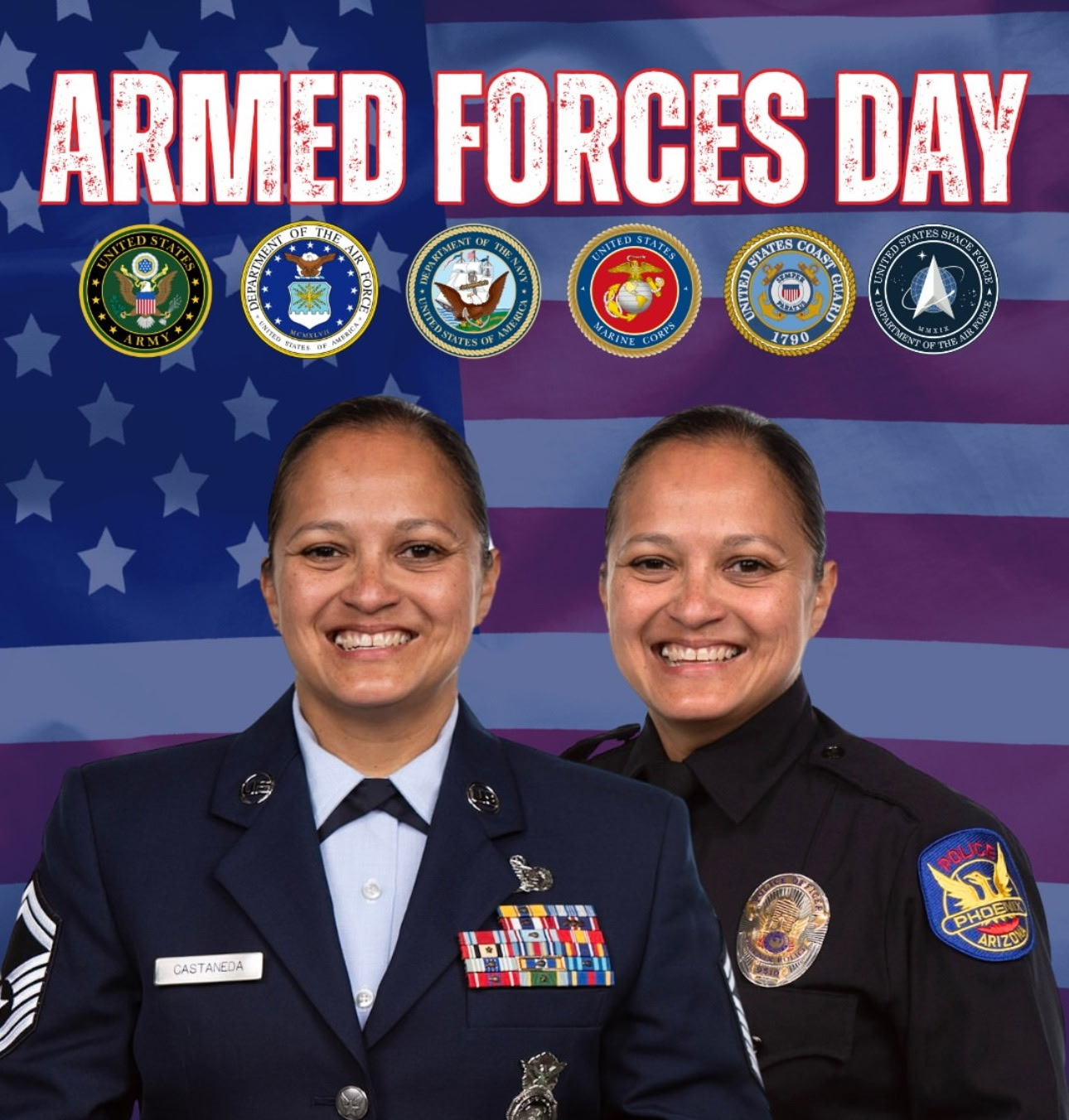 Laura Castañeda wearing their army uniform smiling with an American flag in the background.