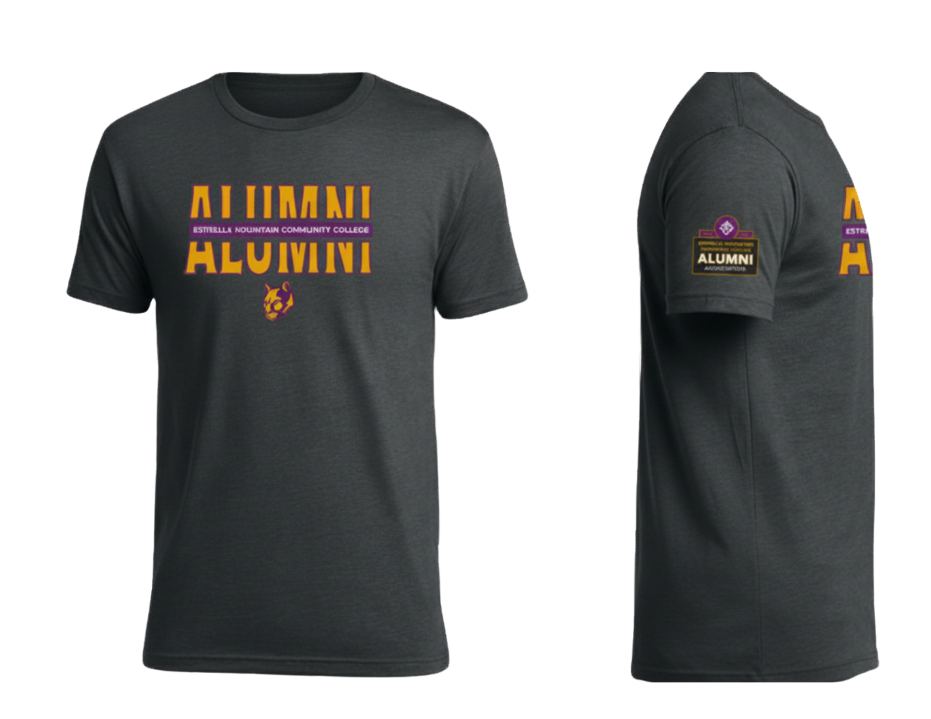 gray t-shirt with EMCC alumni logo on sleeve, "alumni" and "estrella mountain community college" across the chest in yellow and purple with the Roary mountain lion image