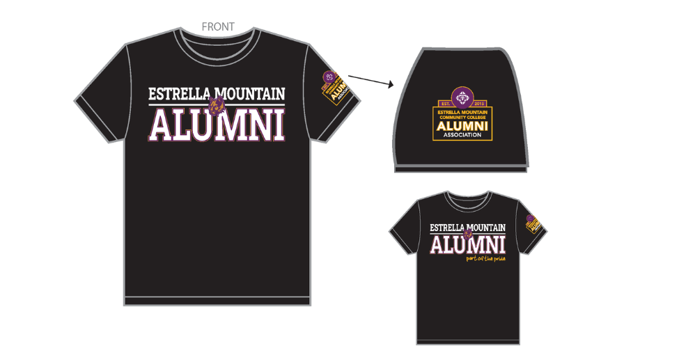 Alumni t-shirt examples, heather black tee, with blocky white font, with purple and gold accent designs.