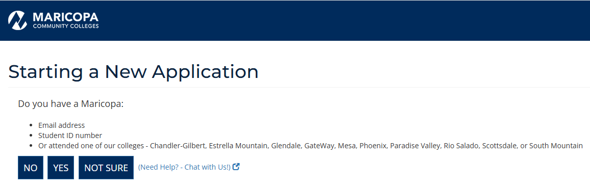 Screenshot of Starting a New Application webpage