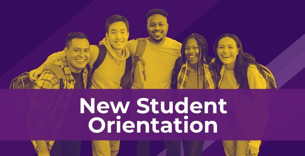 An event image depicting a group of students smiling. The title reads: "New Student Orientation."