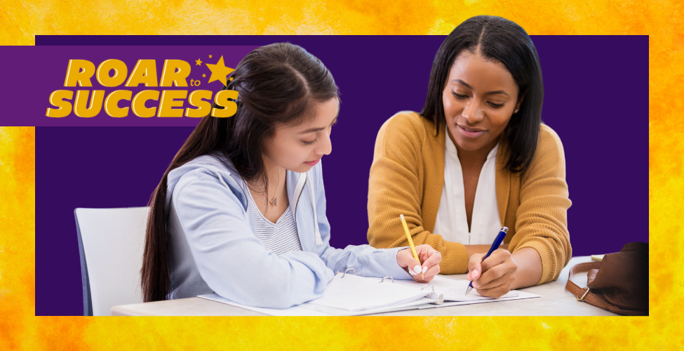 A young woman receiving assistance with paperwork from an older woman. This is an event image for Roar to Success.
