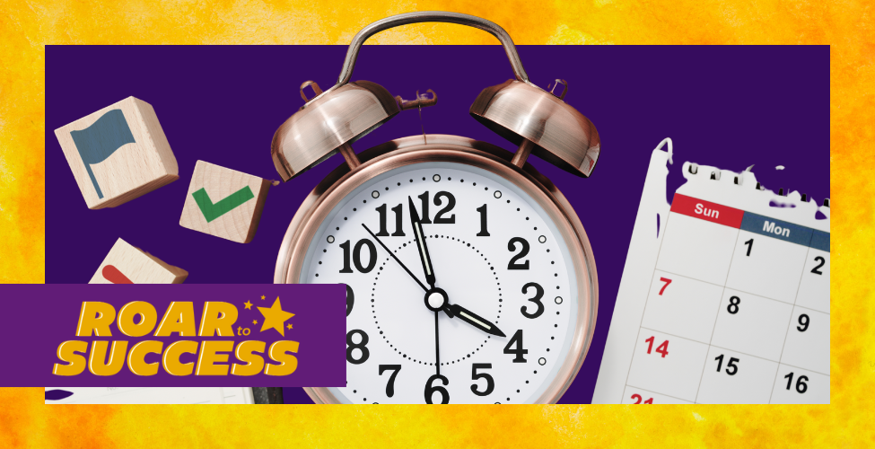 An event image for 'Roar to Success.' In the center is an alarm clock. On the left side, there are blocks with a checkbox, flag, and an open agenda. On the right side, there is a calendar. 