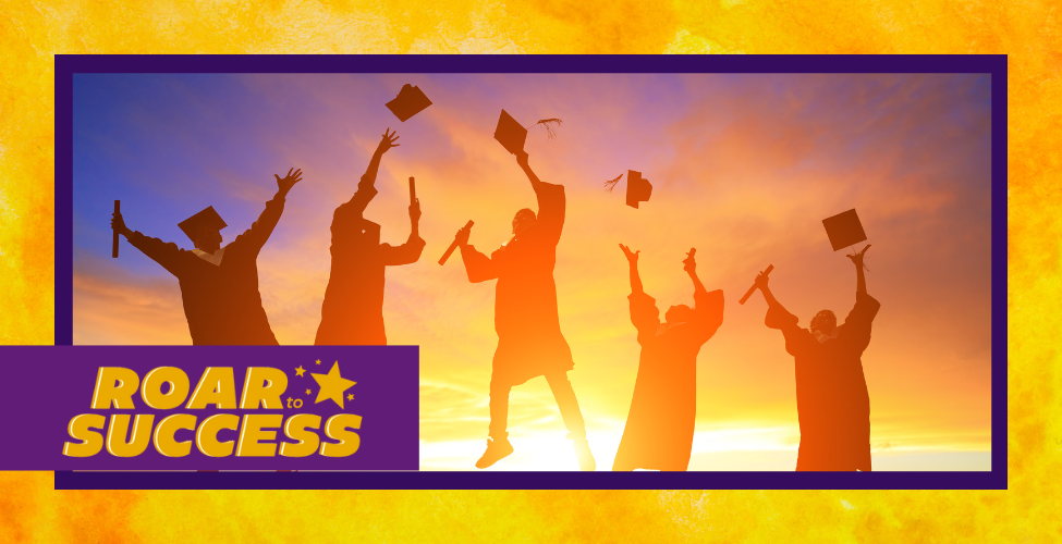 An event image for 'Roar to Success.' In the foreground are a group of graduates jumping in the air with a sunset behind them.