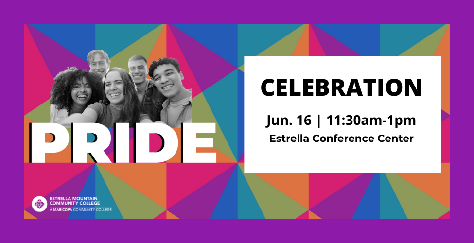 Pride Celebration Month Logo with smiling students in the background and event information,