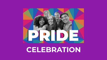 Pride Celebration Month Logo with smiling students in the background.