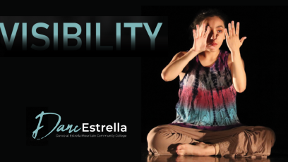 Image of woman sitting crossed legged with words "Visibility" and "DancEstrella"