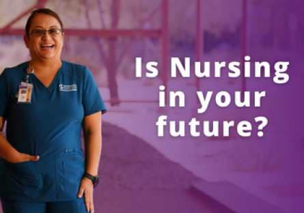 photo of a student in scrubs with text that says Is nursing in your future