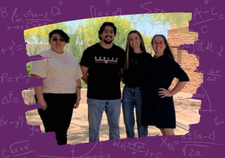 3 math students posing with math instructor on EMCC campus. Students are Adrianna Ormsby, Noe Gonzalez and Olive Campbell. Instructor is Sara Meana.