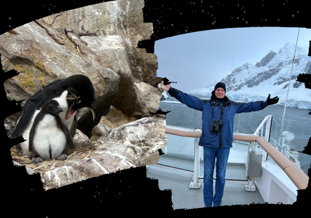 Photo of an adult penguin looking down at their chick and a photo of Professor Eric Eckert on the ship with both arms raised showcasing the snow covered mountains of Antarctica behind him.