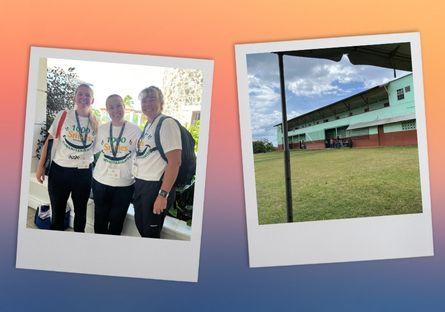 1 photo of nursing volunteers and 1 photo of field area outside of volunteer building