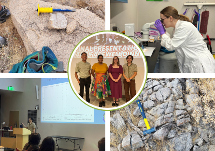 2 photos of the dig site with a hammer and hiking bag. 1 photo of student in white lab coat peering into a microscope. 1 photo of student speaking at a podium with Powerpoint presentation displayed behind them. 1 photo of the 4 EMCC students selected for the program.
