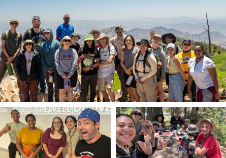 3 group photos of participants in the program. 1 is a the top of a mountain. 1 is during a picnic and the other is with the instructor.
