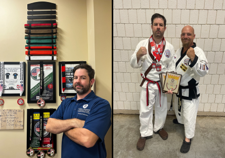 Photo 1: Zachary Kovach posing in his office next to a wall of his Tang Soo Do belts, medals and awards. Photo 2: Zachary Kovach posing with another man. Both with fist up, facing the camera. Zachary Kovach is wearing 3 medals and holding 2 certificates.