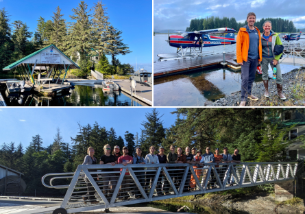 Picture 1: NOAA’s Little Port Walter Research Station. Picture 2: Professor and participant posing outside near the water. Picture 3: Entire group photo on ramp.