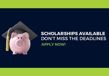 Image of a pig with a grad cap on.  Image text reads scholarships available now 
